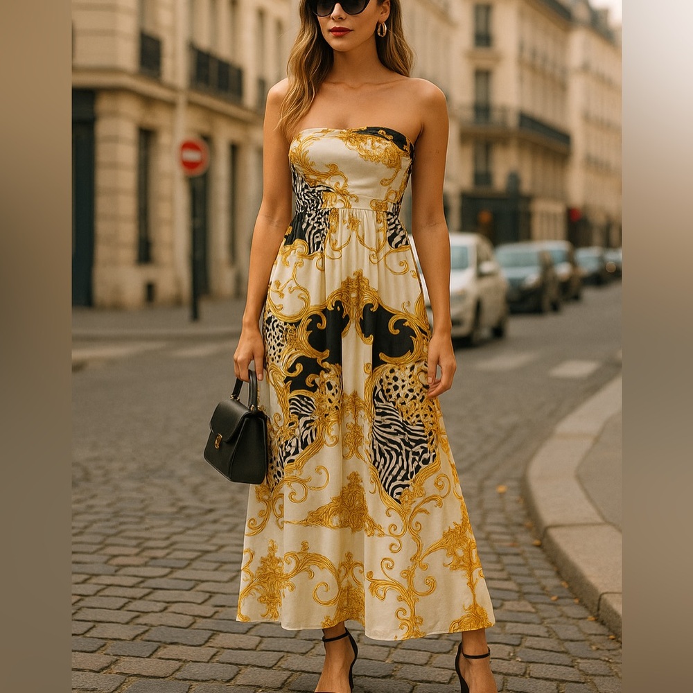 absolutely love it printed strapless maxi dress with pockets July sale